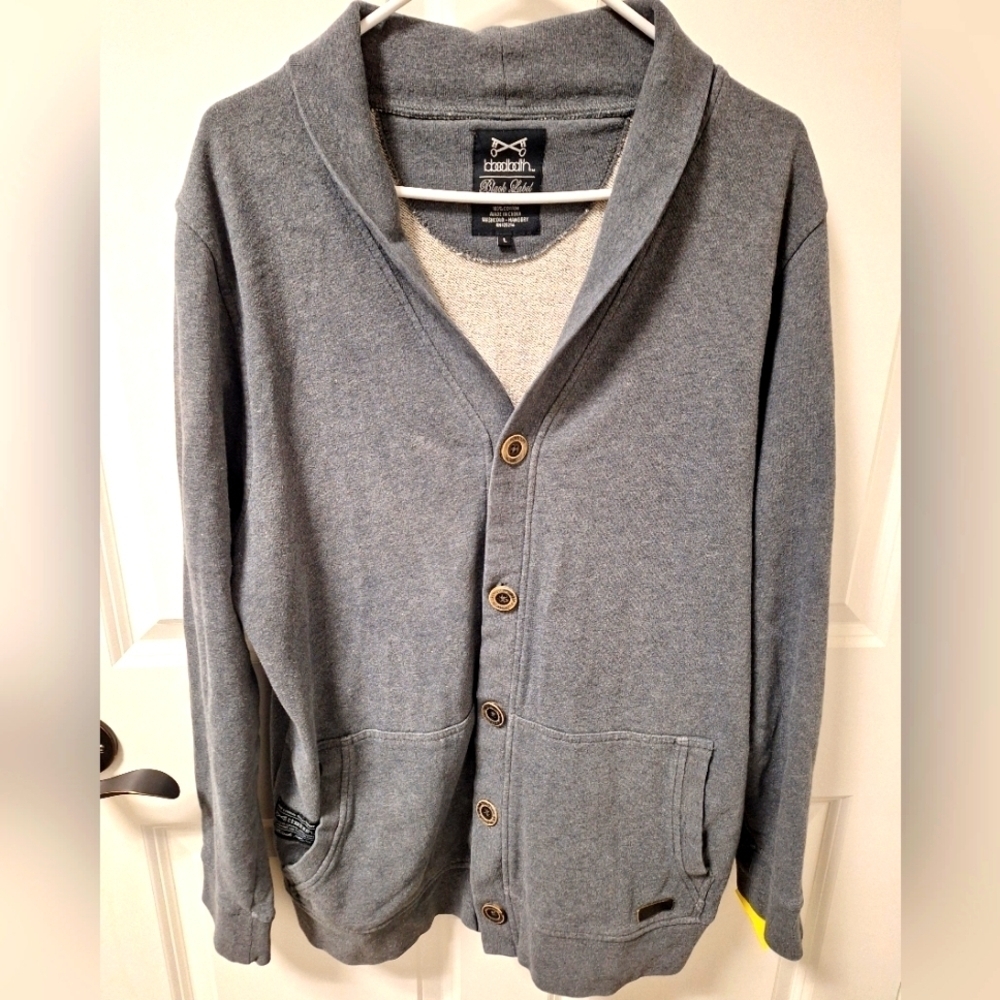 A BloodBath Black Label men's 100% cotton cardigan sweater in a size large.